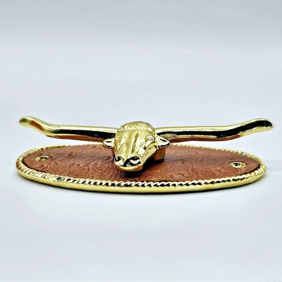 Belt Hanger Vintage Texas Longhorn Steer Brown Leather Gold Tone Holds 12 Belts - Picture 6 of 10